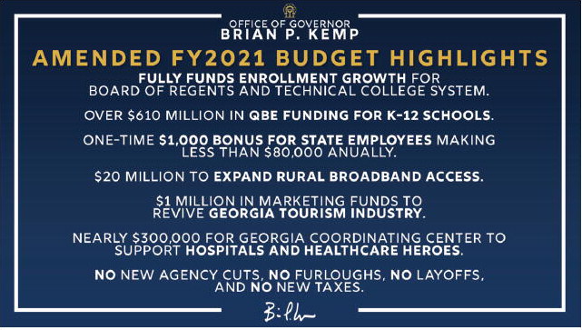 Governor Kemp Signs Amended Fiscal Year 2021 Budget