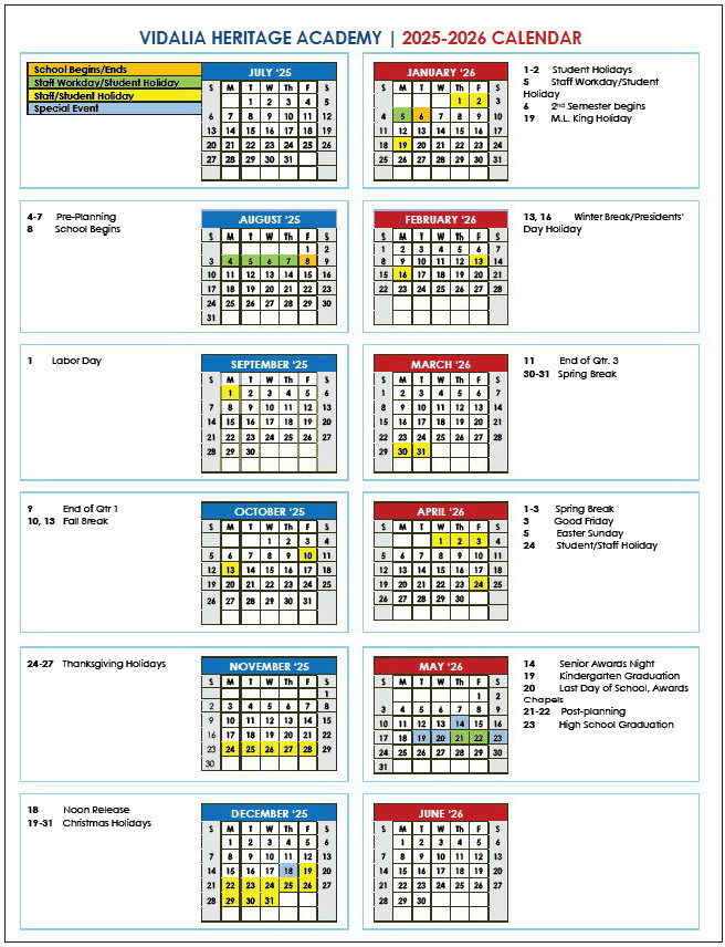 VIDALIA HERITAGE ACADEMY | 2025-2026 CALENDAR