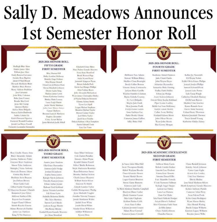 Sally D. Meadows Announces   1st Semester Honor Roll