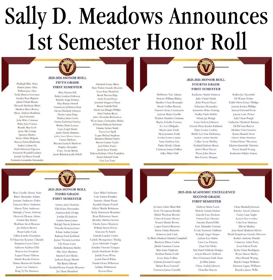 Sally D. Meadows Announces   1st Semester Honor Roll